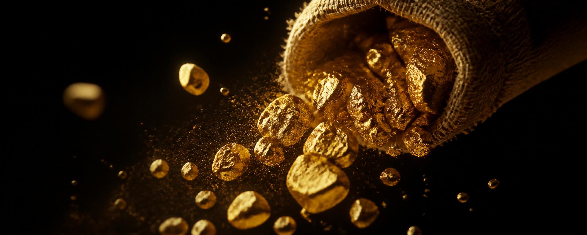 Gold nuggets pouring from a burlap sack